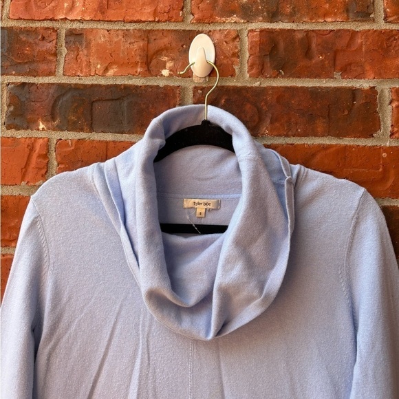 Tyler Boe Womens Small Cashmere Blend Blue Coel Neck Sweater Patch Sleeves - Picture 2 of 9
